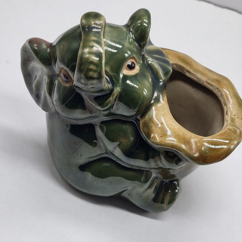 Vintage Majolica Style Ceramic Elephant Succulant Planter Trunk Up w/Basket